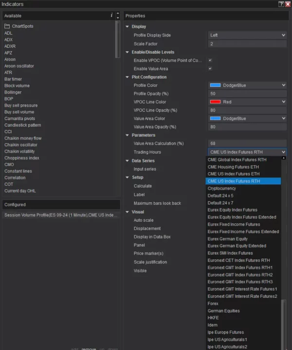 Session Volume Profile - Trading Hours Configuration